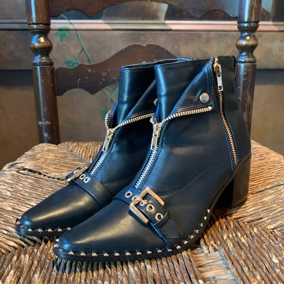 ✨Black Moto Ankle Boots Gold Zips Buckle Studs✨6.5 - Picture 11 of 13